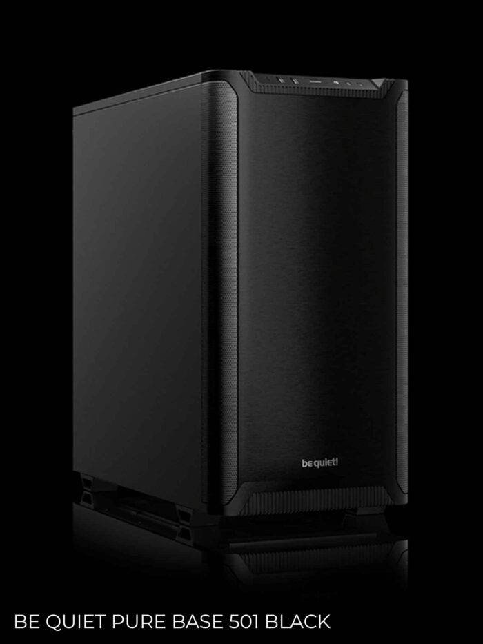 Black computer case, minimalist design.