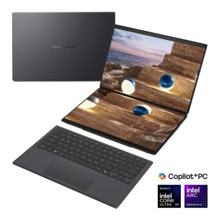 Asus | Zenbook Duo UX8407AA-SN066W | Moher Gray | 14" | OLED | Touchscreen | 2.8K | 2880 x 1800 pixels | 144 Hz | Anti-Reflective | Intel Core Ultra X9 | 378H | 32 GB | LPDDR5X | Solid-state drive capacity 2000 GB | Intel Arc Graphics | Windows 11 Pro | 802.11be | Bluetooth version 5.4 | Keyboard language US international | Keyboard backlit | Warranty 24 month(s) | Battery warranty 12 month(s)