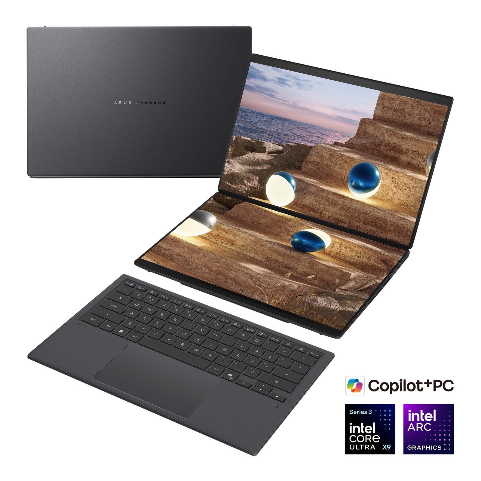 Asus | Zenbook Duo UX8407AA-SN066W | Moher Gray | 14" | OLED | Touchscreen | 2.8K | 2880 x 1800 pixels | 144 Hz | Anti-Reflective | Intel Core Ultra X9 | 378H | 32 GB | LPDDR5X | Solid-state drive capacity 2000 GB | Intel Arc Graphics | Windows 11 Pro | 802.11be | Bluetooth version 5.4 | Keyboard language US international | Keyboard backlit | Warranty 24 month(s) | Battery warranty 12 month(s) Asus | Zenbook Duo UX8407AA-SN066W | Moher Gray | 14" | OLED | Touchscreen | 2.8K | 2880 x 1800 pixels | 144 Hz | Anti-Reflective | Intel Core Ultra X9 | 378H | 32 GB | LPDDR5X | Solid-state drive capacity 2000 GB | Intel Arc Graphics | Windows 11 Pro | 802.11be | Bluetooth version 5.4 | Keyboard language US international | Keyboard backlit | Warranty 24 month(s) | Battery warranty 12 month(s)