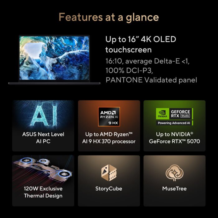 Asus | ProArt P16 H7606WP-RJ079X | Nano Black | 16" | OLED | Touchscreen | 3K | 2880 x 1800 pixels | 120 Hz | Glossy | AMD Ryzen AI 9 | HX370 | 64 GB | LPDDR5X | Solid-state drive capacity 2000 GB | NVIDIA GeForce RTX 5070 | GDDR7 | 8 GB | Windows 11 Pro | 802.11be | Keyboard language US international | Keyboard backlit | Warranty 24 month(s) | Battery warranty 12 month(s)