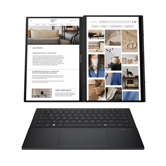 Asus Zenbook Duo UX8406CA-QL358X | Inkwell Gray | 14" | OLED | Touchscreen | FHD | 1920 x 1200 pixels | 60 Hz | Glossy | Intel Core Ultra 7 | 255H | 16 GB | LPDDR5X | Solid-state drive capacity 1000 GB | Intel Arc Graphics | Windows 11 Pro | 802.11be | Bluetooth version 5.4 | Keyboard language US international | Keyboard backlit | Warranty 24 month(s) | Battery warranty 12 month(s)