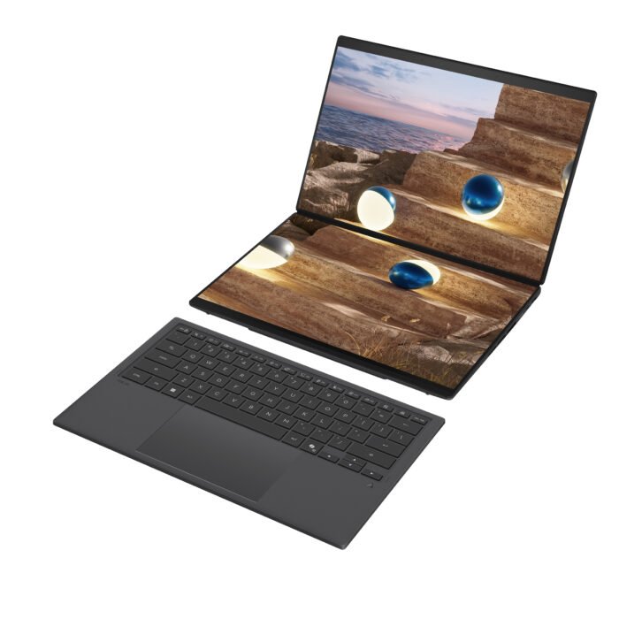 Asus | Zenbook Duo UX8407AA-SN066W | Moher Gray | 14" | OLED | Touchscreen | 2.8K | 2880 x 1800 pixels | 144 Hz | Anti-Reflective | Intel Core Ultra X9 | 378H | 32 GB | LPDDR5X | Solid-state drive capacity 2000 GB | Intel Arc Graphics | Windows 11 Pro | 802.11be | Bluetooth version 5.4 | Keyboard language US international | Keyboard backlit | Warranty 24 month(s) | Battery warranty 12 month(s)