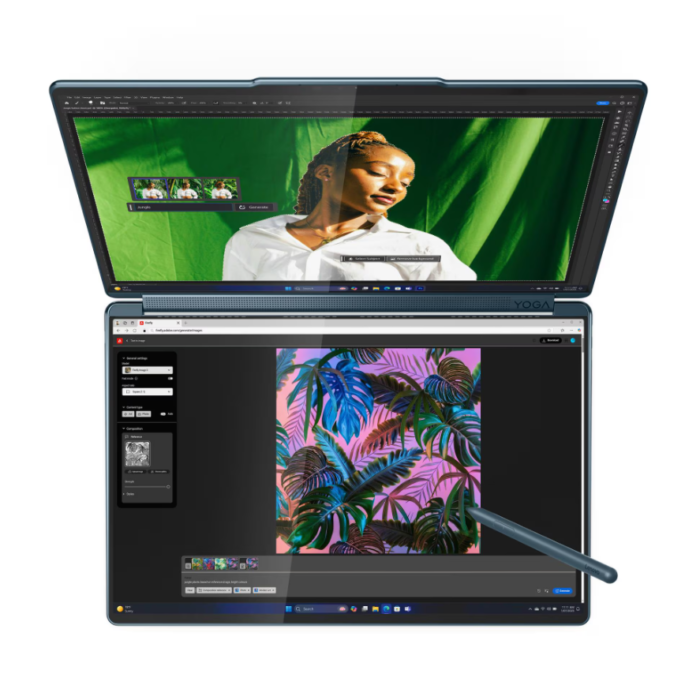 Lenovo Yoga Book 9 14IAH10 Intel | Tidal Teal | 2x14" | OLED | Touchscreen | 2.8K WQXGA+ | 2880 x 1800 pixels | Intel Core Ultra 7 | 255H | 32 GB | Soldered LPDDR5X | Solid-state drive capacity 1000 GB | Intel Arc 140T GPU | Windows 11 Home | 802.11be | Bluetooth version 5.4 | Keyboard language English | Keyboard backlit | Warranty 24 month(s) | Battery warranty 12 month(s)