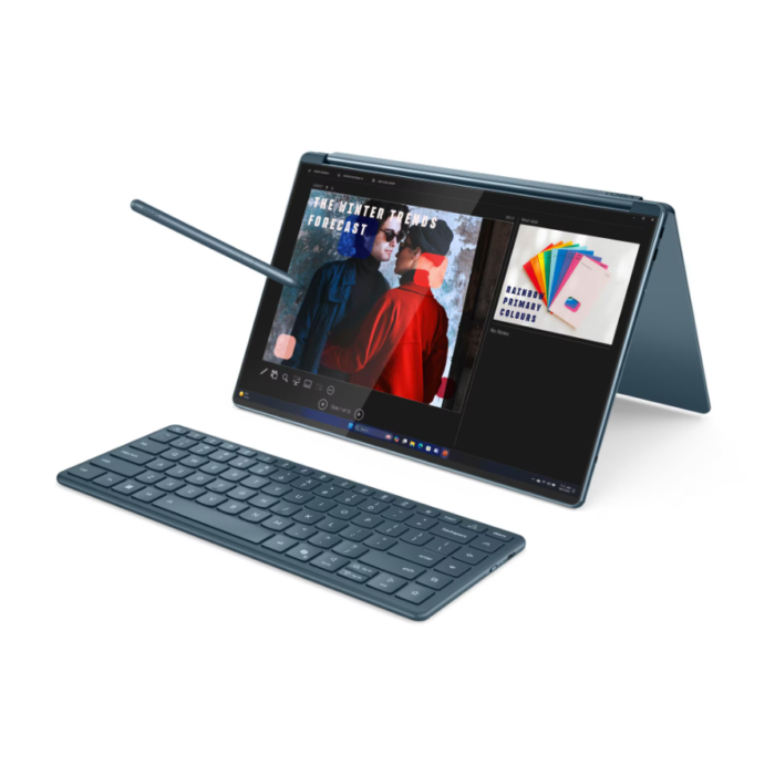 Lenovo Yoga Book 9 14IAH10 Intel | Tidal Teal | 2x14" | OLED | Touchscreen | 2.8K WQXGA+ | 2880 x 1800 pixels | Intel Core Ultra 7 | 255H | 32 GB | Soldered LPDDR5X | Solid-state drive capacity 1000 GB | Intel Arc 140T GPU | Windows 11 Home | 802.11be | Bluetooth version 5.4 | Keyboard language English | Keyboard backlit | Warranty 24 month(s) | Battery warranty 12 month(s)